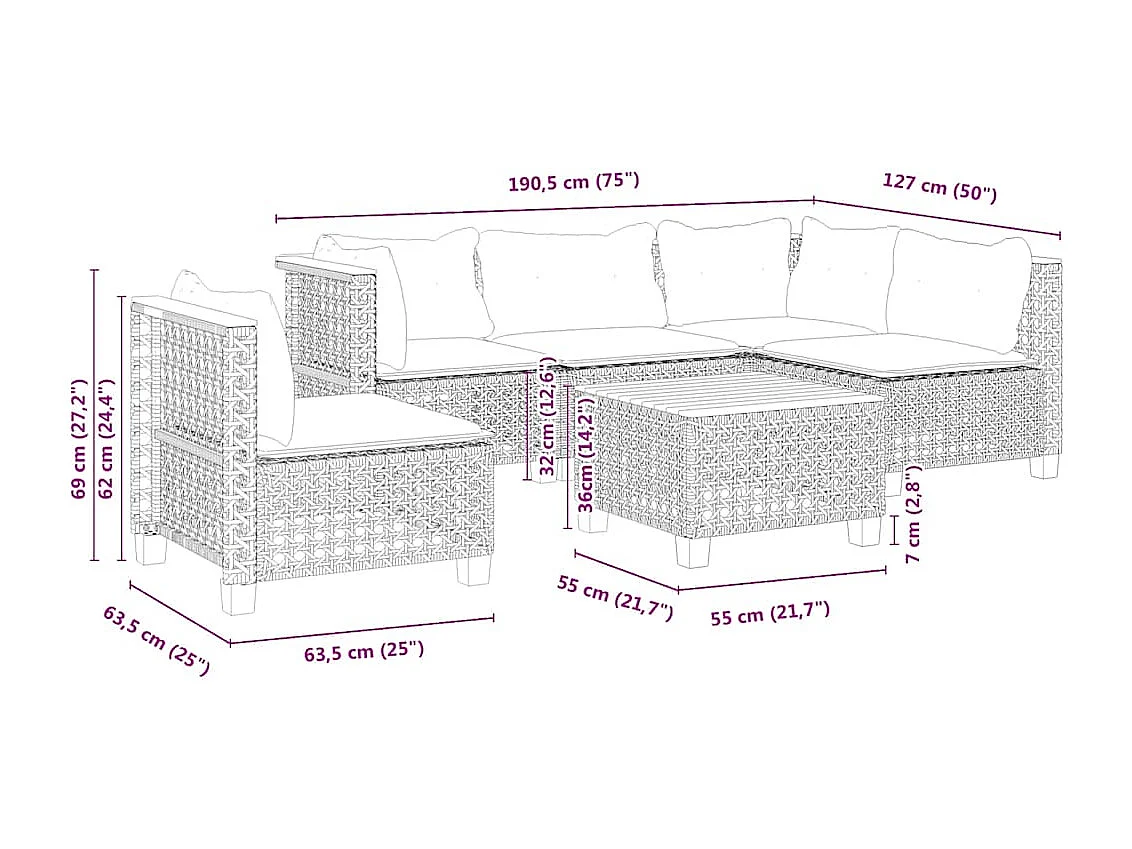 Salon de jardin avec coussins 6 pcs beige résine tressée