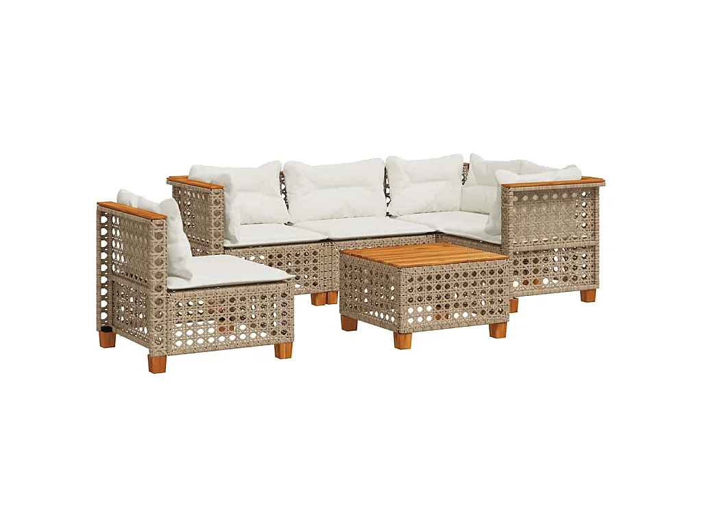 6-delige Loungeset met kussens poly rattan beige