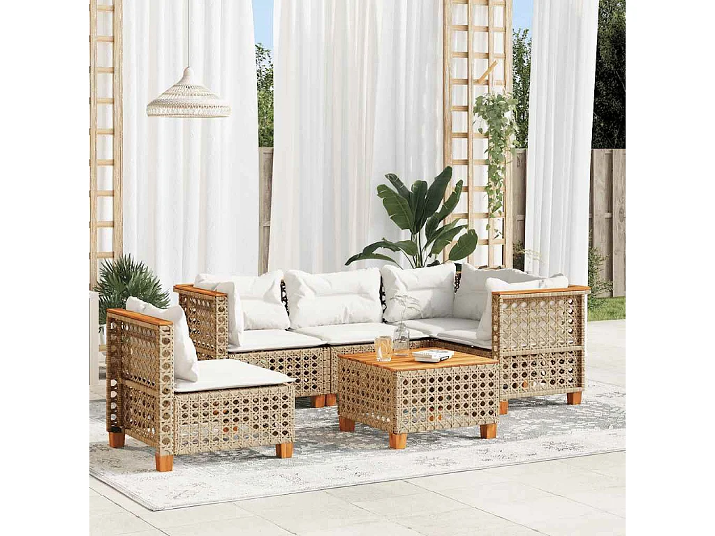 6-delige Loungeset met kussens poly rattan beige