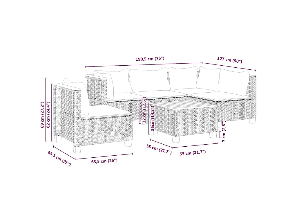 6-delige Loungeset met kussens poly rattan beige