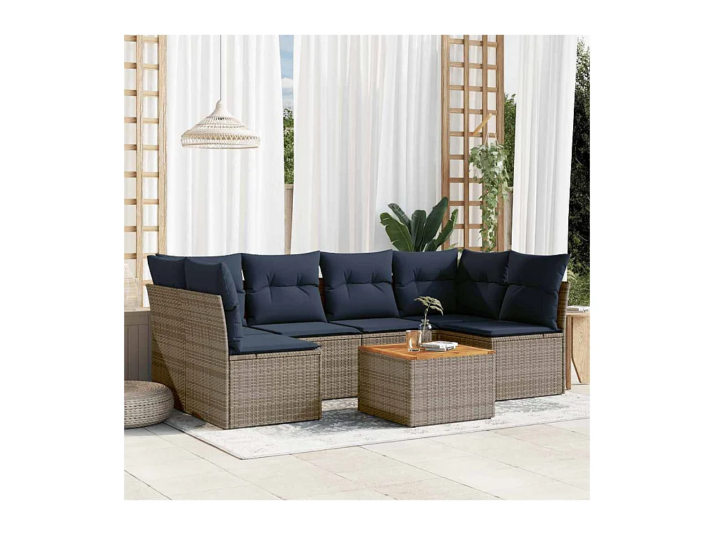 Salon de jardin 7 pcs avec coussins gris résine tressée