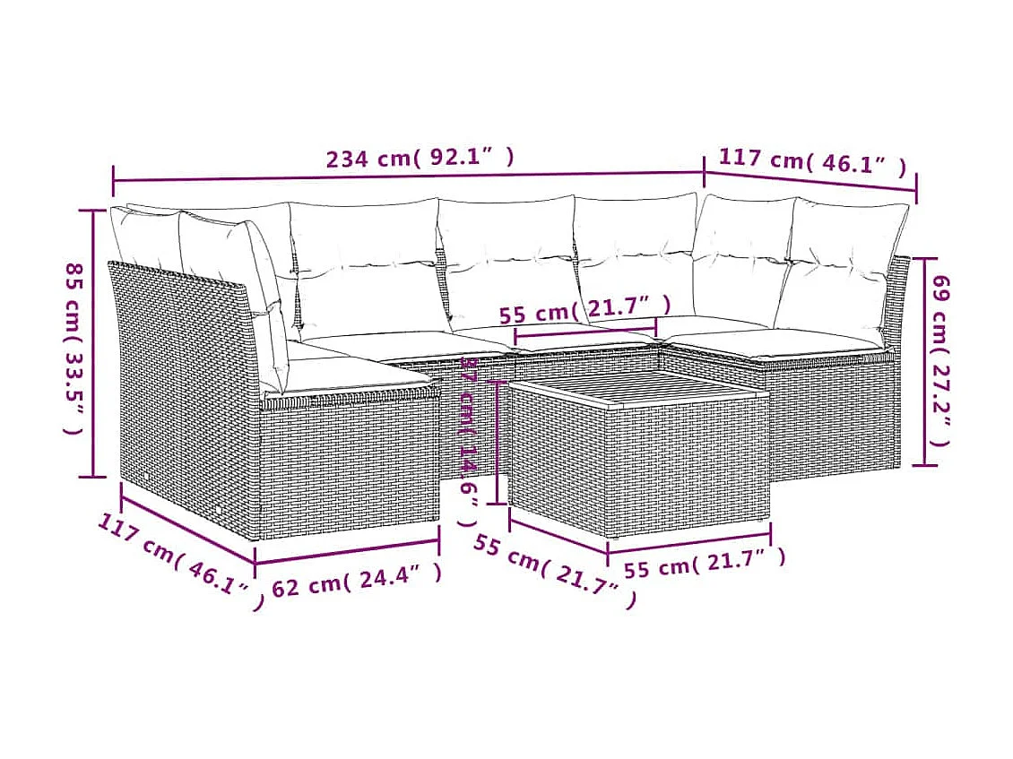 Salon de jardin 7 pcs avec coussins gris résine tressée