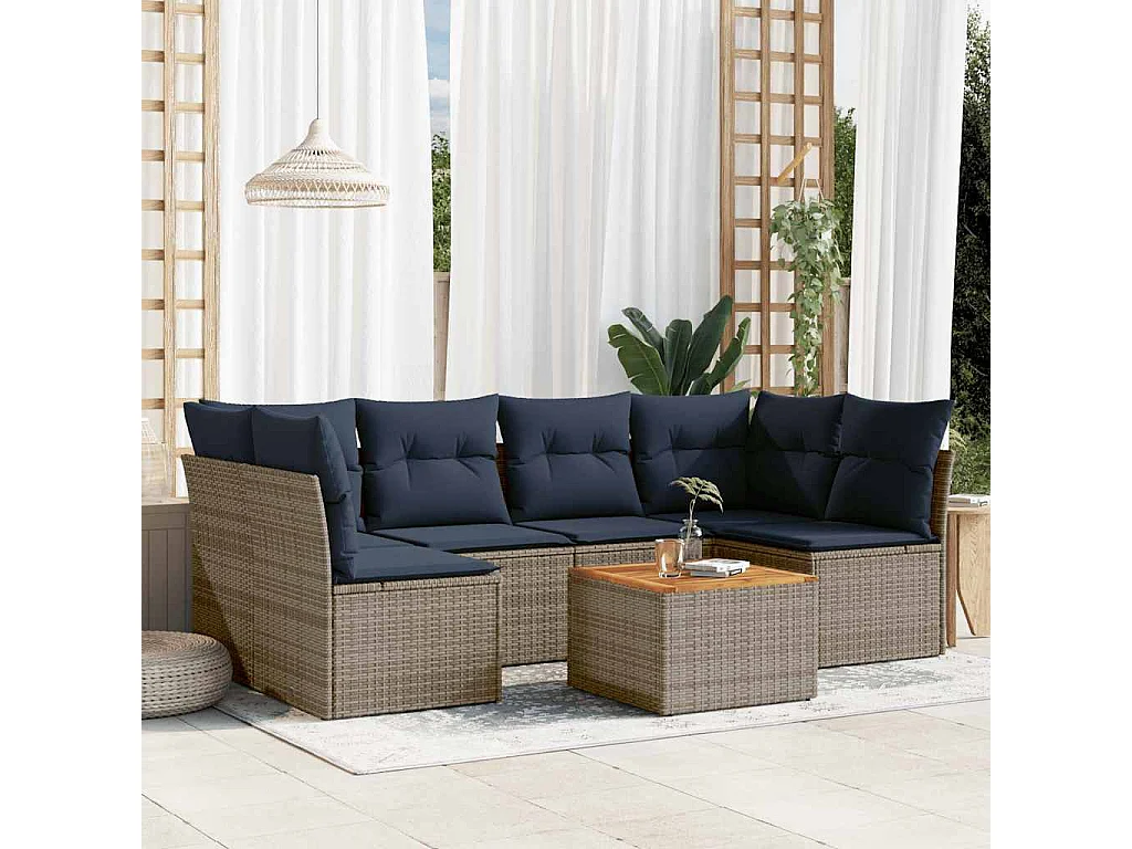 7 pcs conjunto sofás p/ jardim c/ almofadões vime PE cinzento