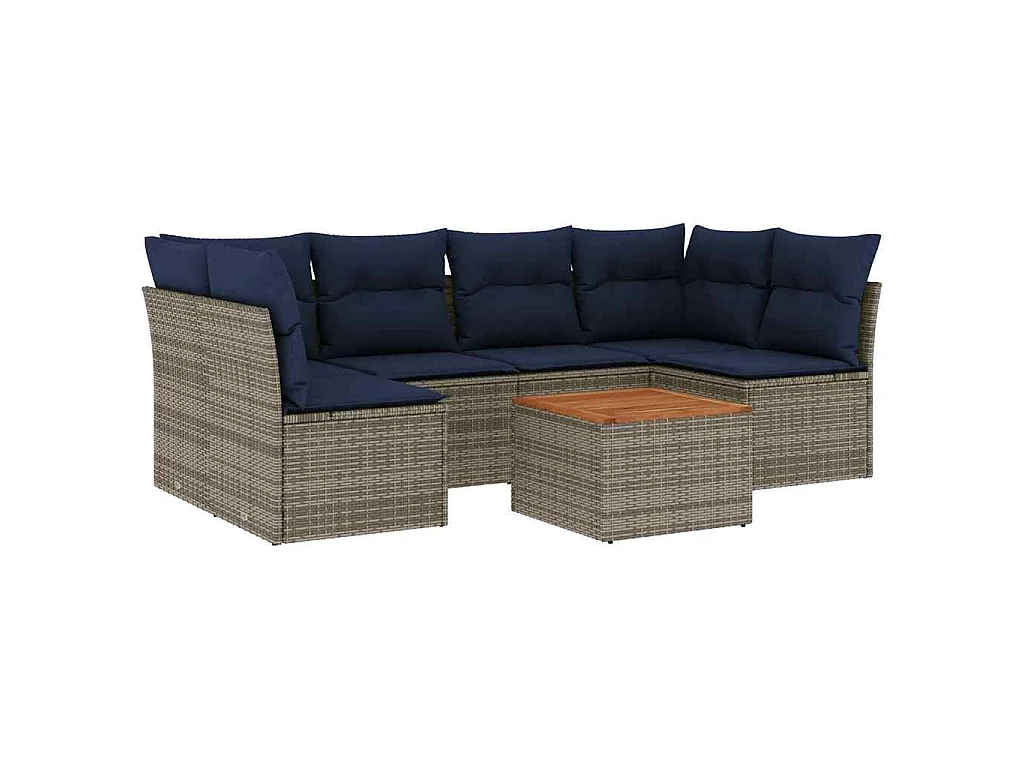 7 pcs conjunto sofás p/ jardim c/ almofadões vime PE cinzento