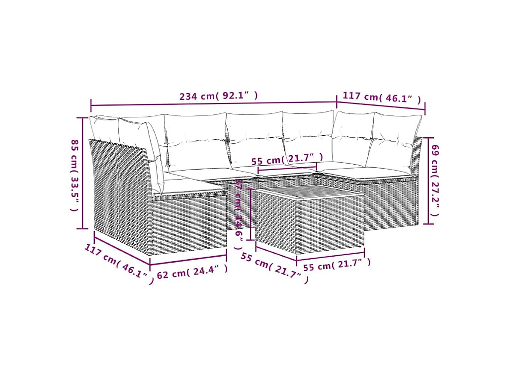 Salon de jardin 7 pcs avec coussins gris résine tressée