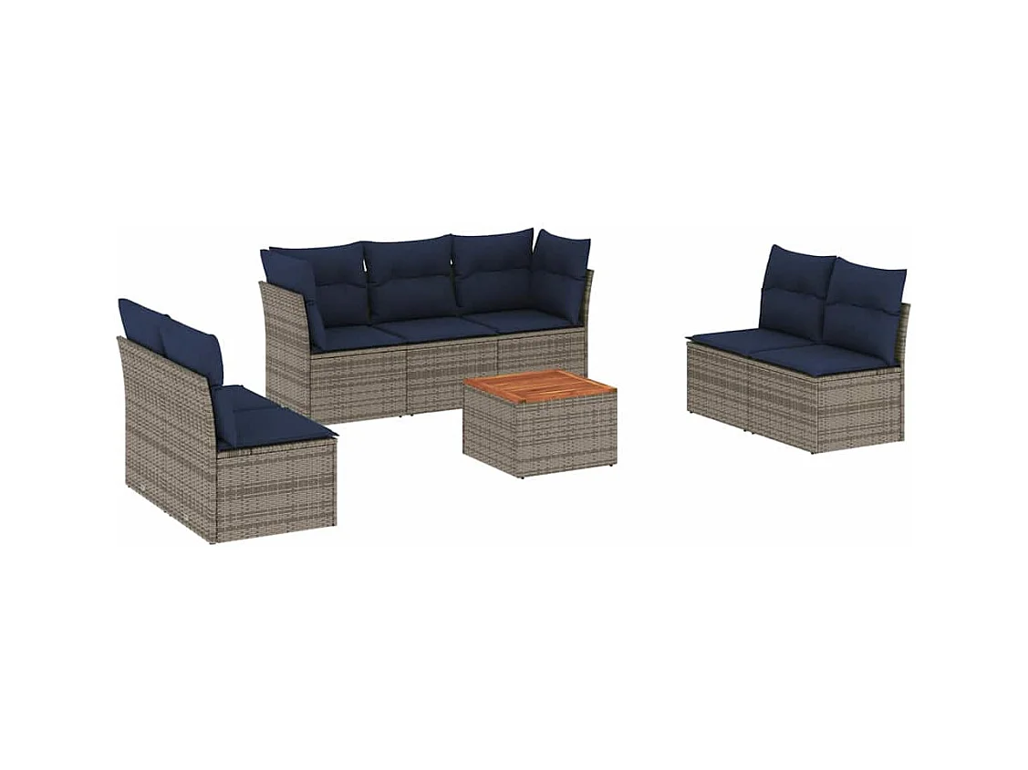 8 pcs conjunto sofás p/ jardim c/ almofadões vime PE cinzento