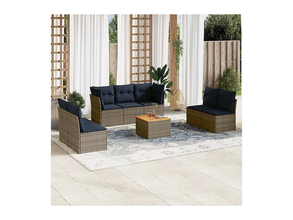 Salon de jardin 8 pcs avec coussins gris résine tressée