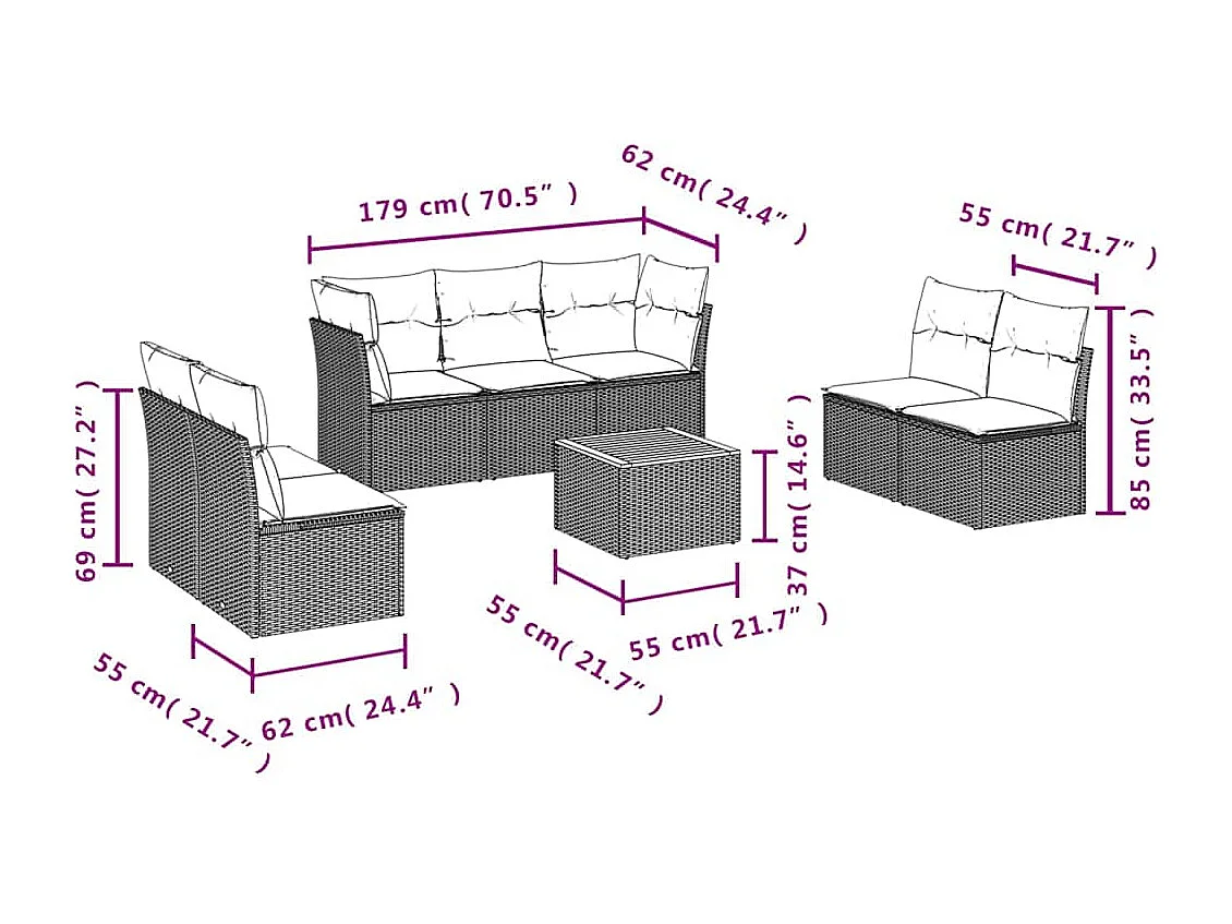 Salon de jardin 8 pcs avec coussins gris résine tressée