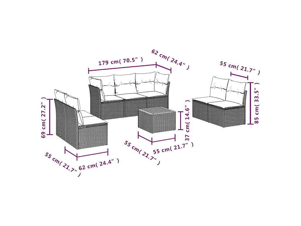 8-delige Loungeset met kussens poly rattan grijs