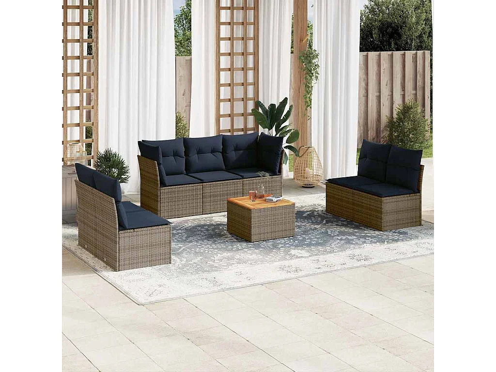 8-delige Loungeset met kussens poly rattan grijs