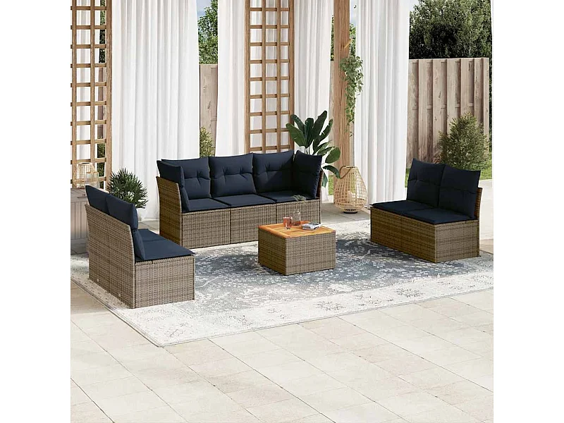 Salon de jardin 8 pcs avec coussins gris résine tressée
