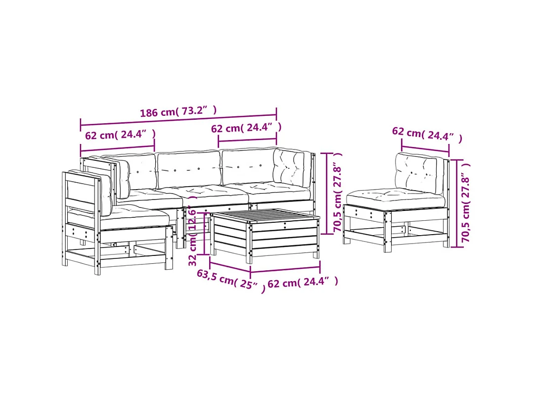 6-delige Loungeset met kussens massief douglashout