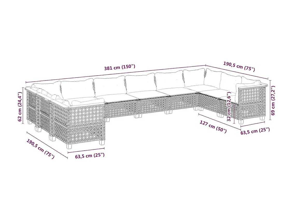 10-tlg. Garten-Sofagarnitur mit Kissen Beige Poly Rattan