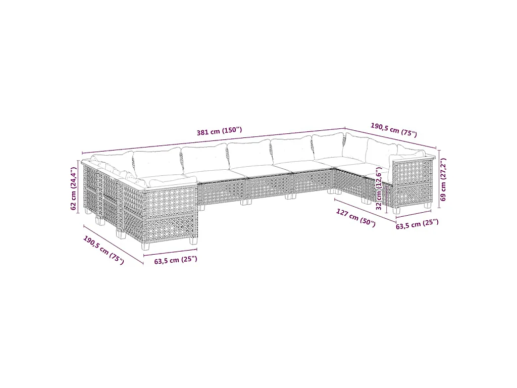 10-delige Loungeset met kussens poly rattan beige