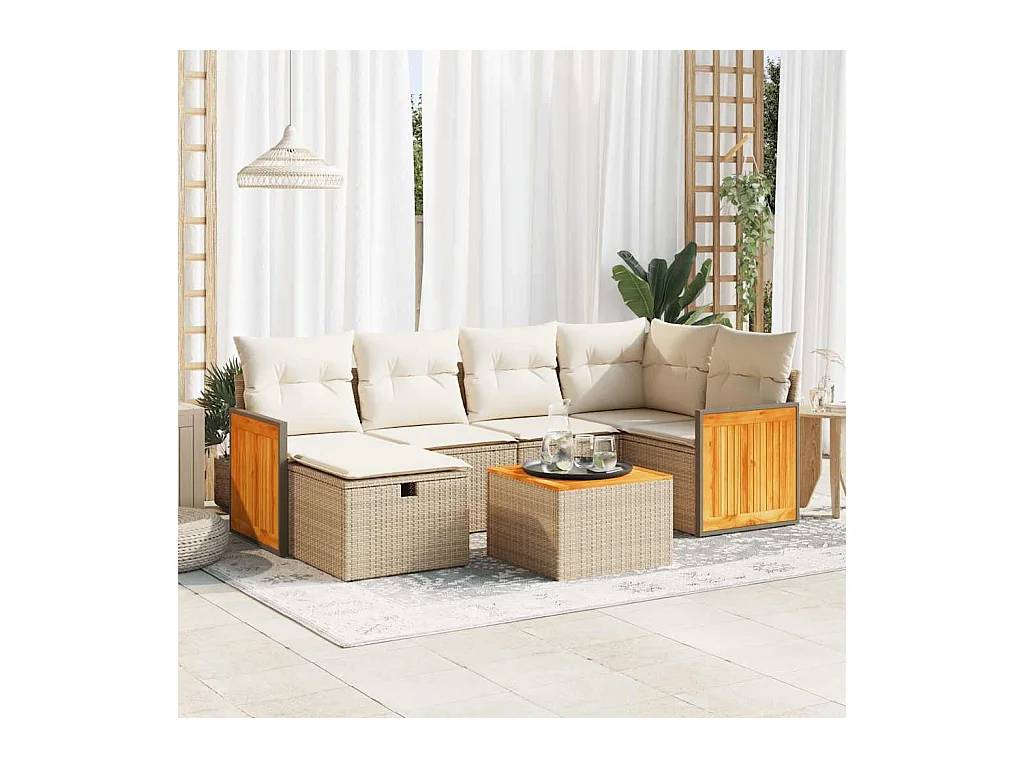 Salon de jardin avec coussins 7 pcs beige résine tressée
