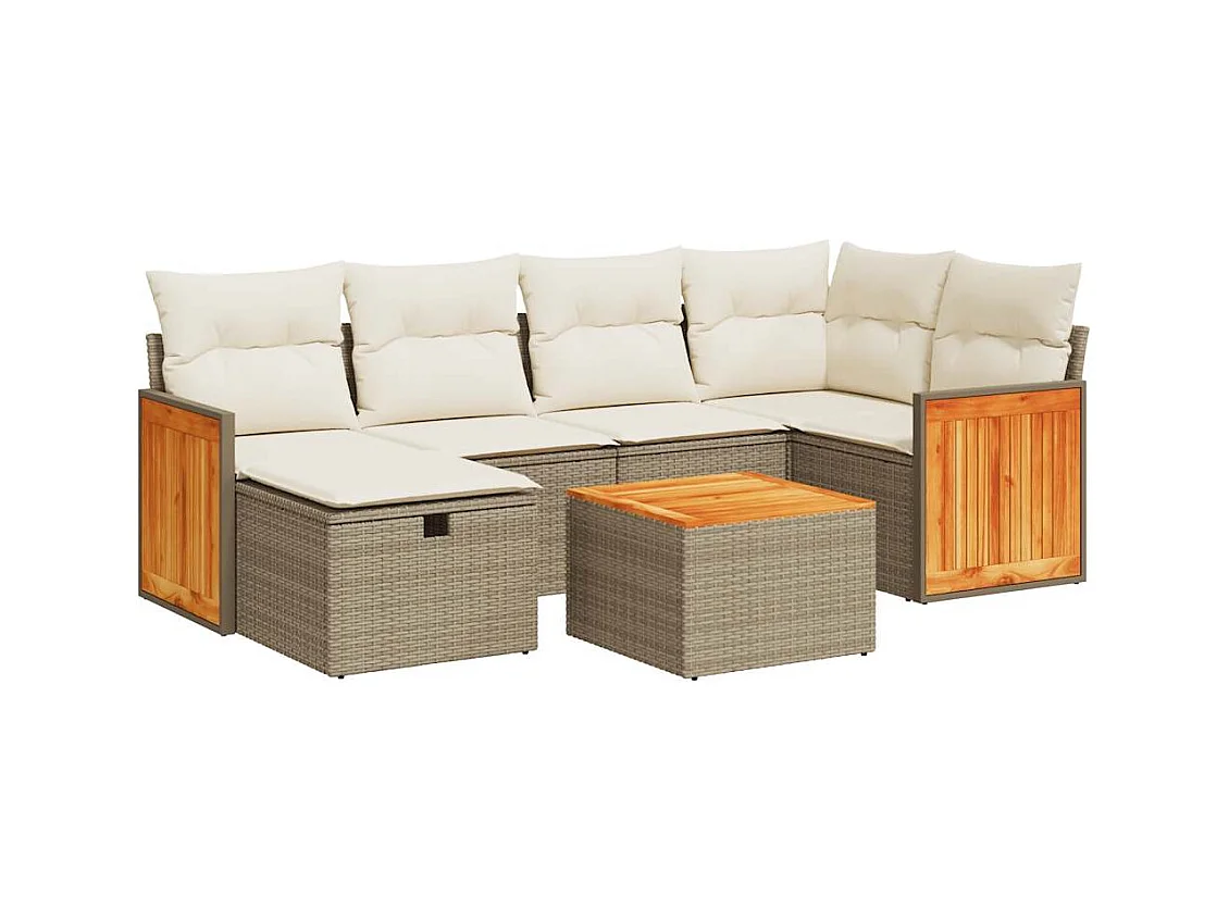 7-delige Loungeset met kussens poly rattan beige