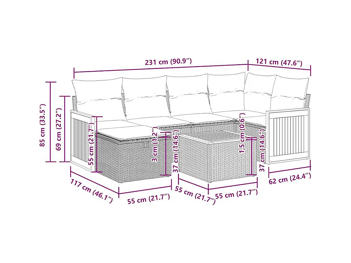 7-delige Loungeset met kussens poly rattan beige
