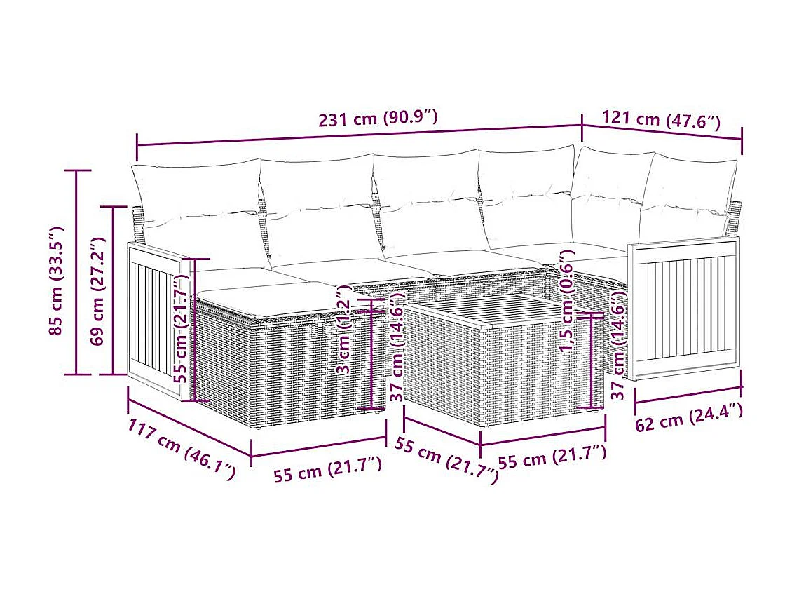 Salon de jardin avec coussins 7 pcs beige résine tressée