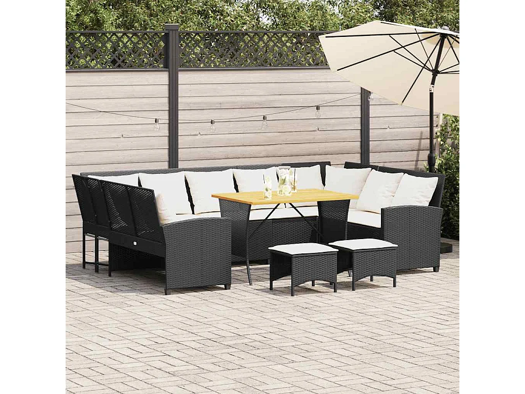 4-delige Loungeset met kussens poly rattan zwart
