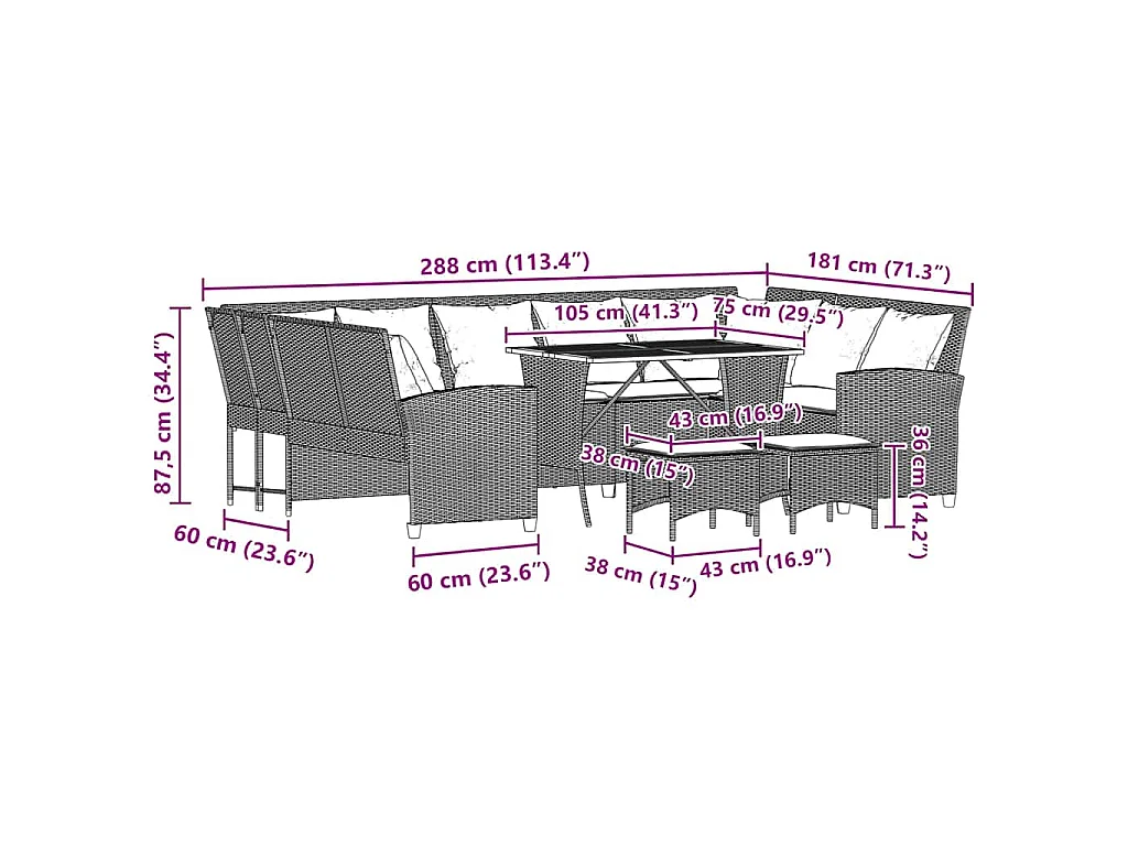 4-delige Loungeset met kussens poly rattan zwart