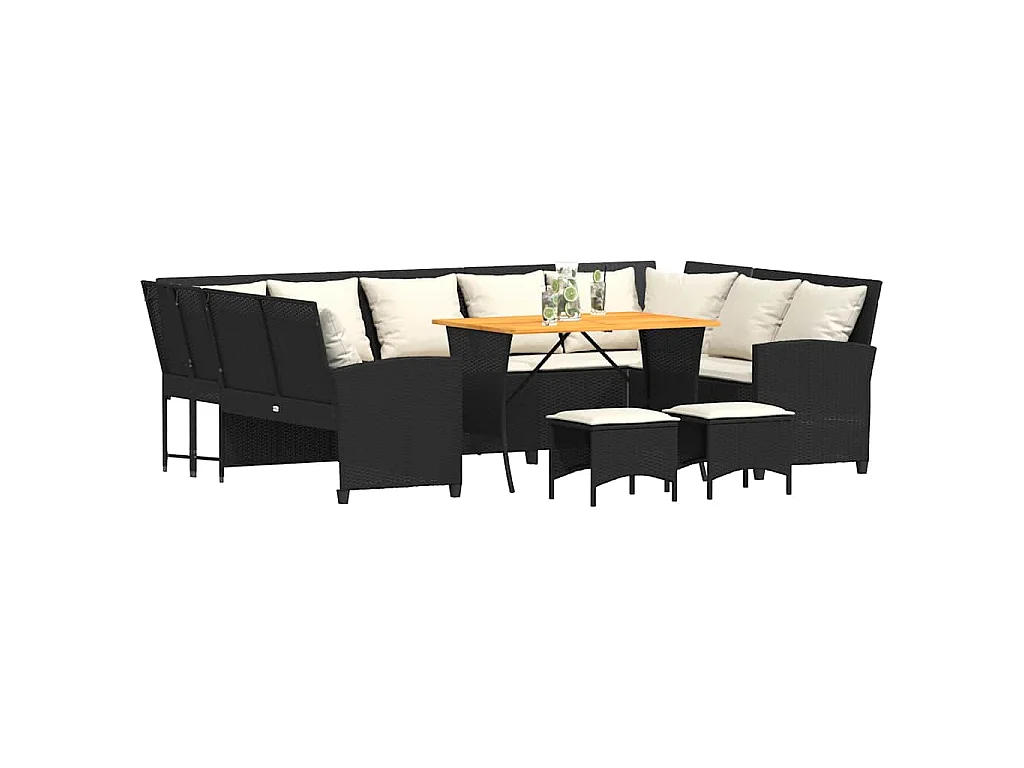 4-delige Loungeset met kussens poly rattan zwart