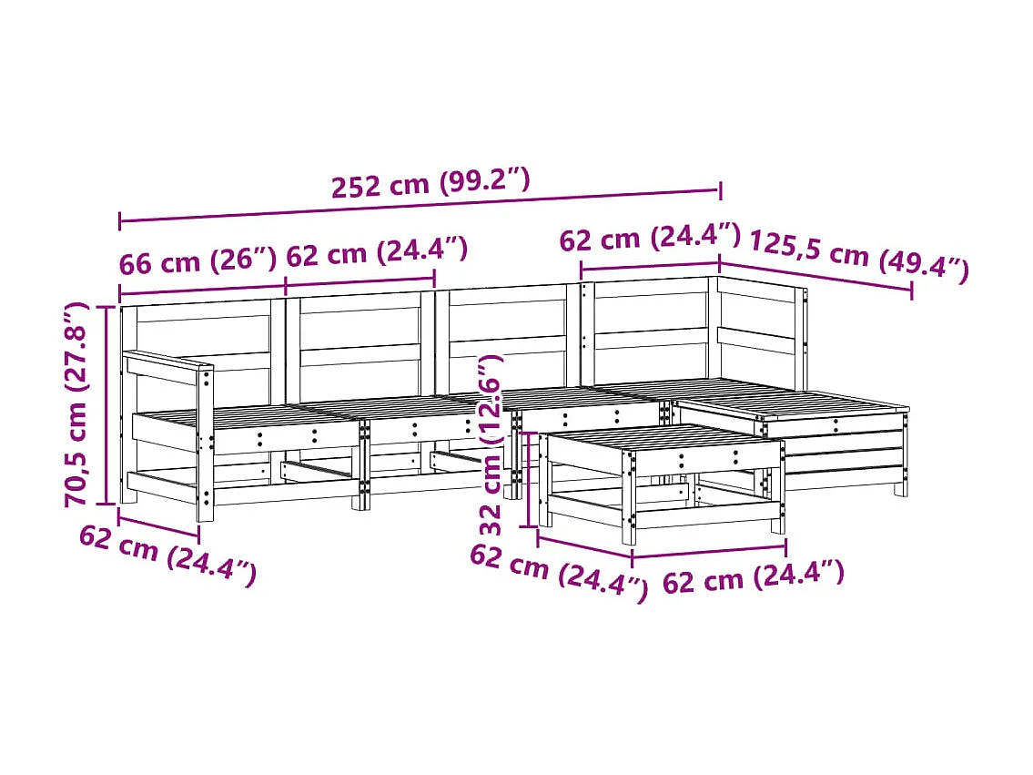 6 pcs conjunto sofás de jardim madeira de pinho maciça