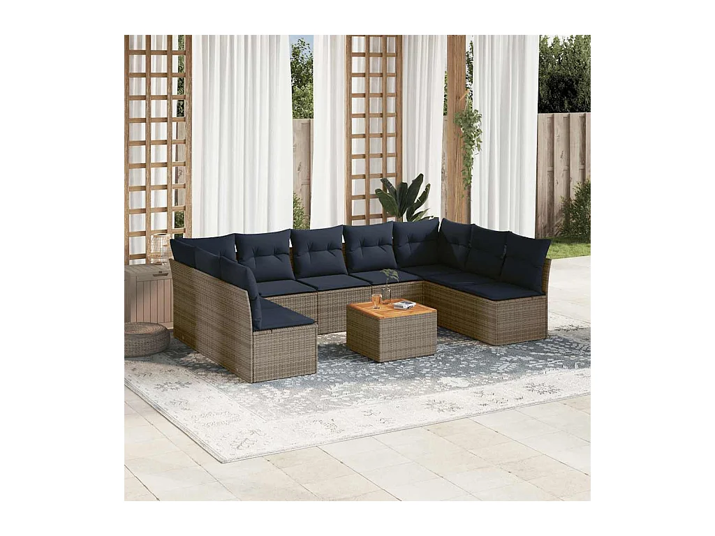 Set Divani da Giardino 10 pz con Cuscini Grigio in Polyrattan
