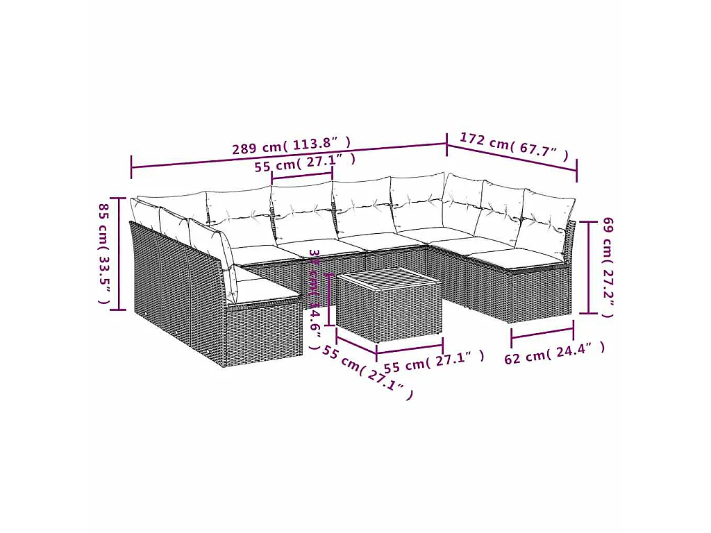 10-delige Loungeset met kussens poly rattan grijs