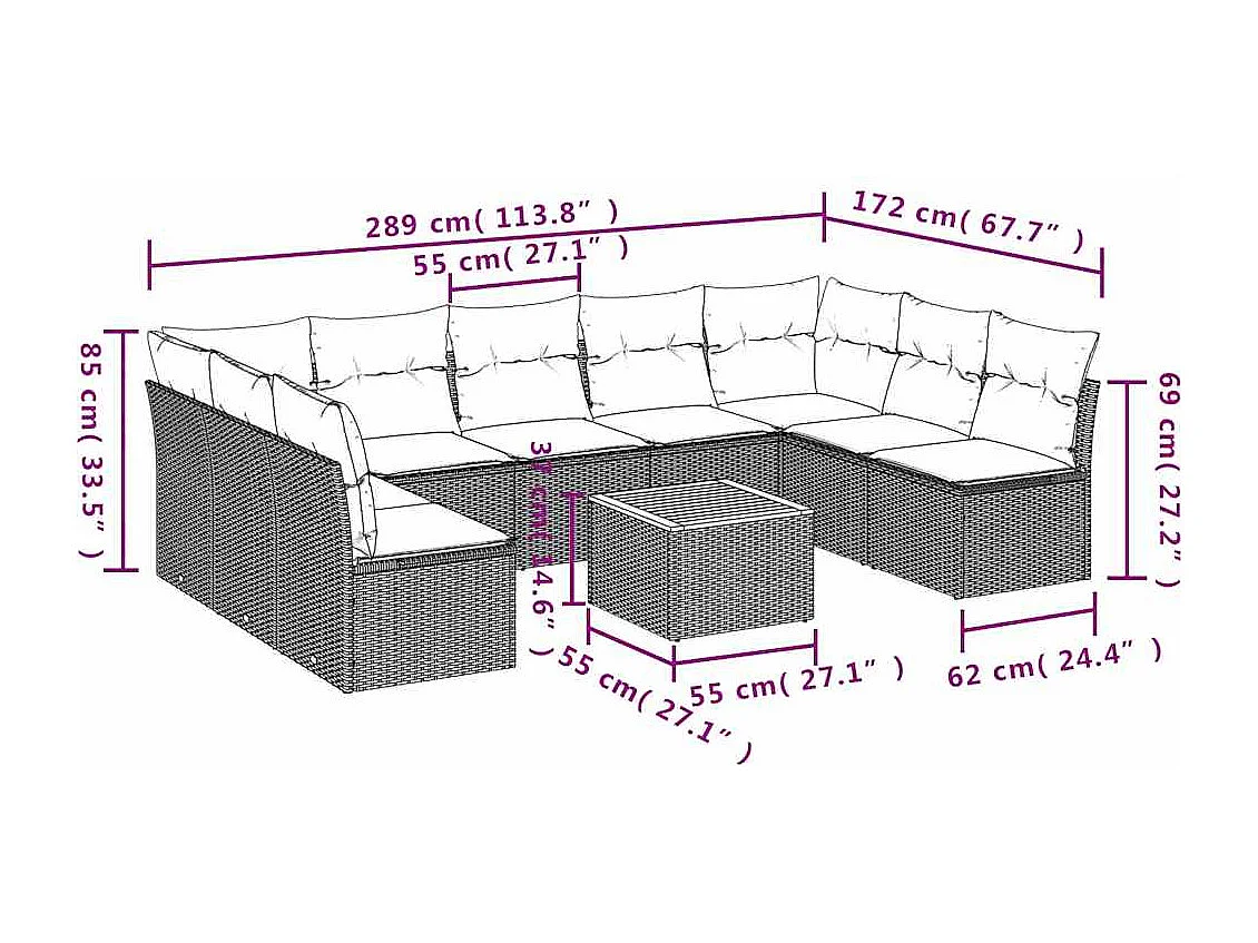 10-delige Loungeset met kussens poly rattan grijs