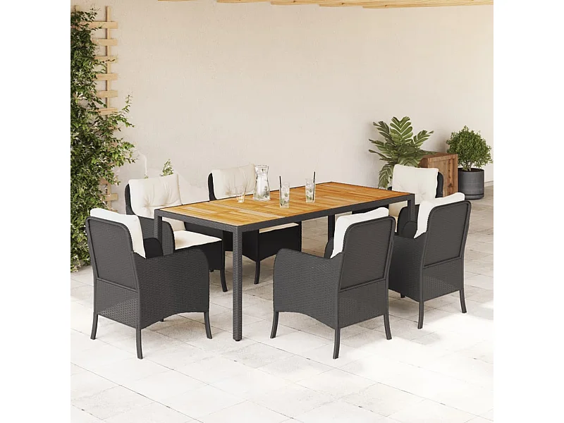 7-tlg. Garten-Essgruppe mit Kissen Schwarz Poly Rattan