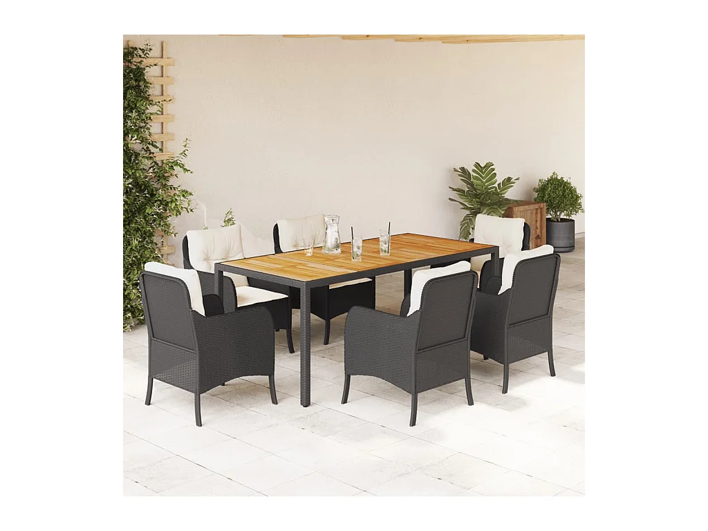 Ensemble à manger de jardin coussins 7pcs Noir Résine tressée