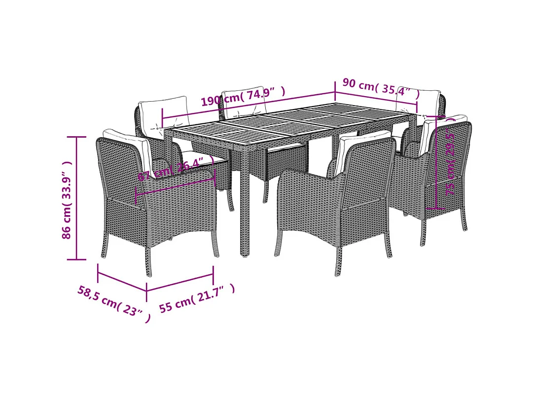 Ensemble à manger de jardin coussins 7pcs Noir Résine tressée