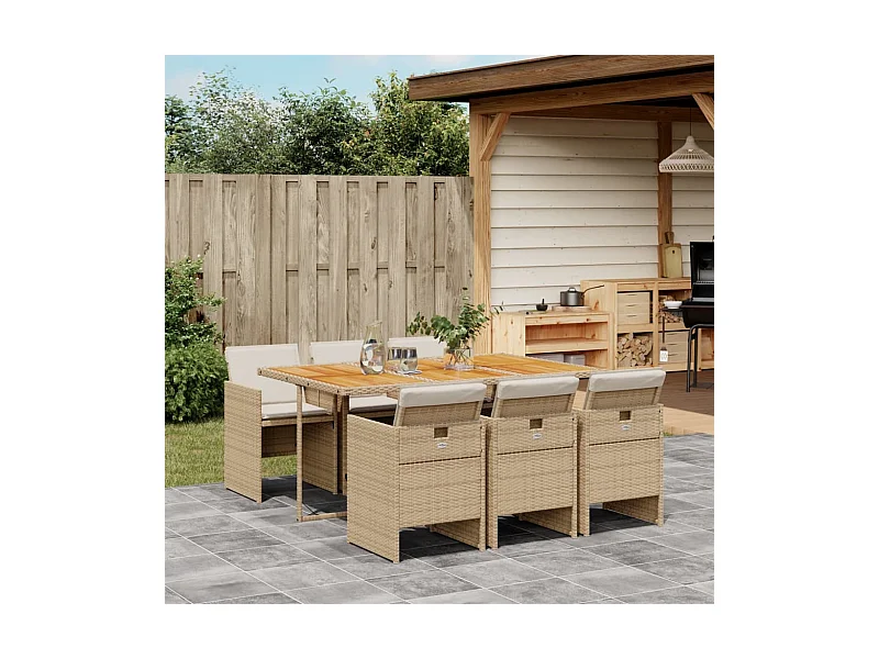 7 pcs conjunto de jantar p/ jardim com almofadões vime PE bege