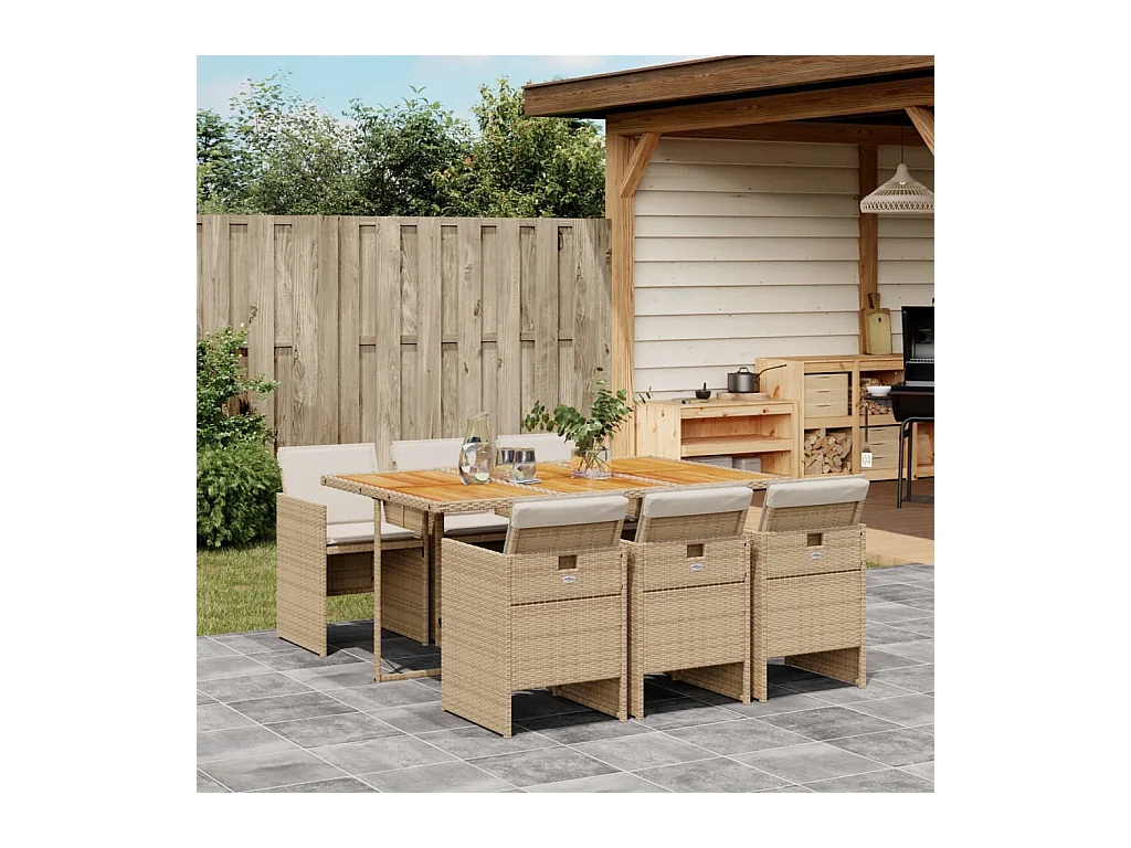 7 pcs conjunto de jantar p/ jardim com almofadões vime PE bege