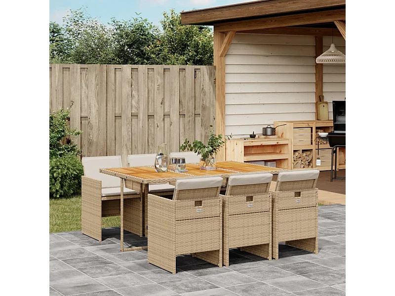 7-tlg. Garten-Essgruppe mit Kissen Beige Poly Rattan