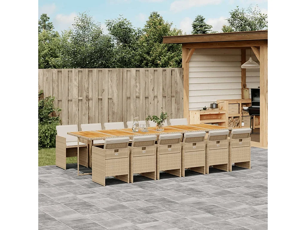 13 pcs conjunto de jantar p/ jardim com almofadões vime PE bege