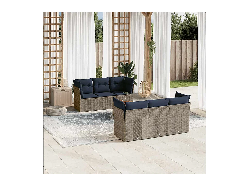 7 pcs conjunto sofás p/ jardim c/ almofadões vime PE cinzento