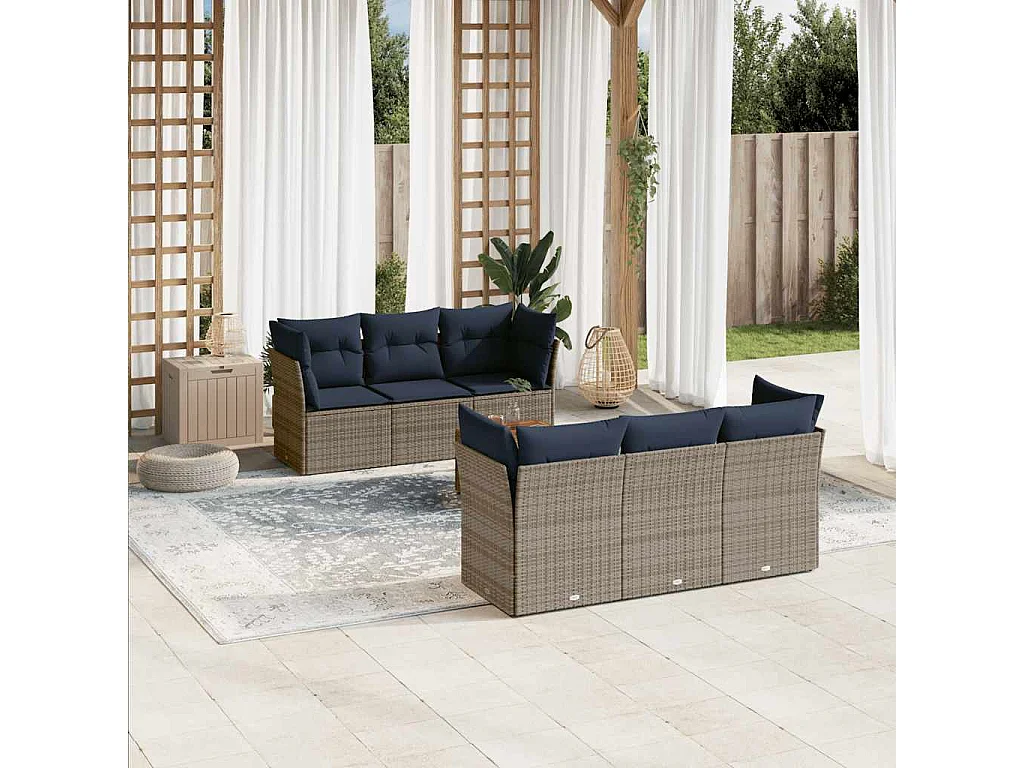 7-tlg. Garten-Sofagarnitur mit Kissen Grau Poly Rattan