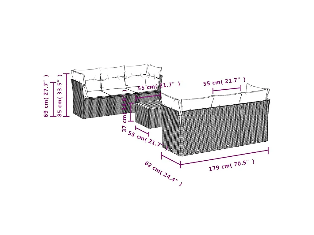 7-delige Loungeset met kussens poly rattan grijs
