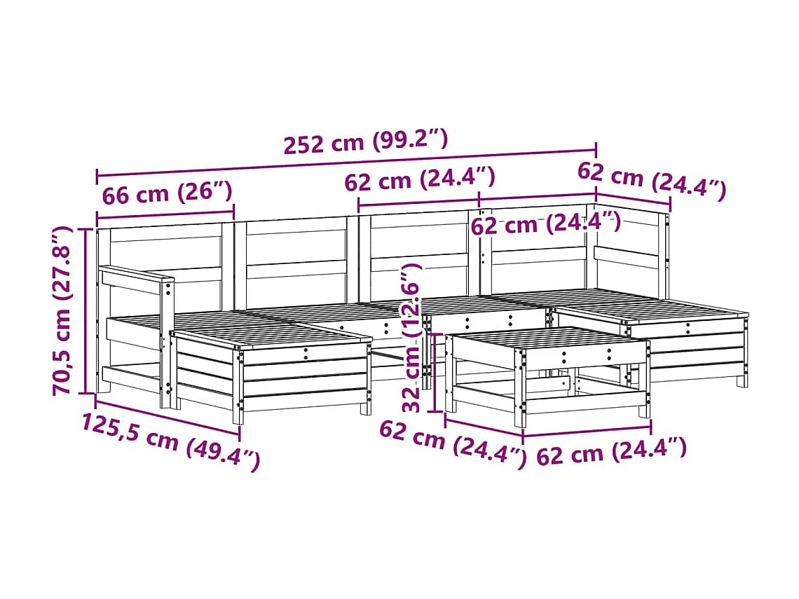 7 pcs conjunto de sofás para jardim madeira de pinho maciça