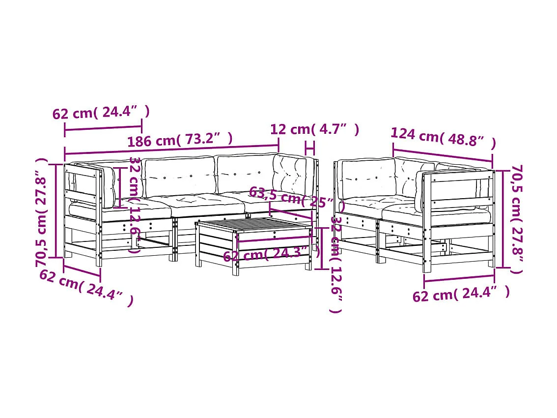 Salon de jardin 6 pcs avec coussins bois massif Douglas