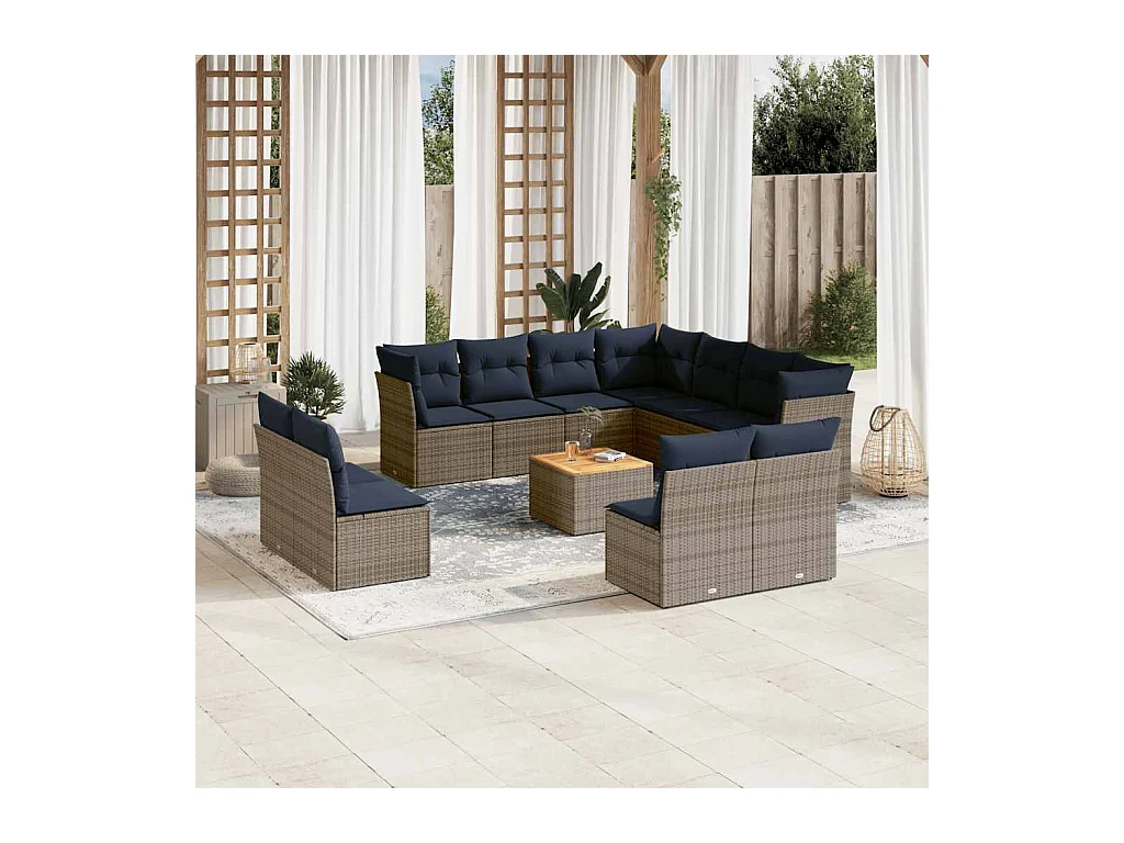 12-tlg. Garten-Sofagarnitur mit Kissen Grau Poly Rattan