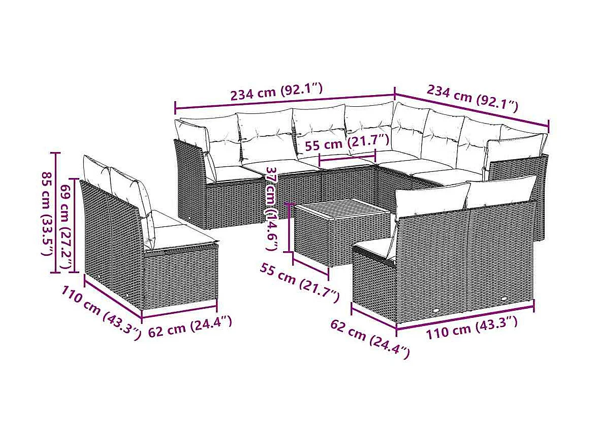 Salon de jardin avec coussins 12 pcs gris résine tressée