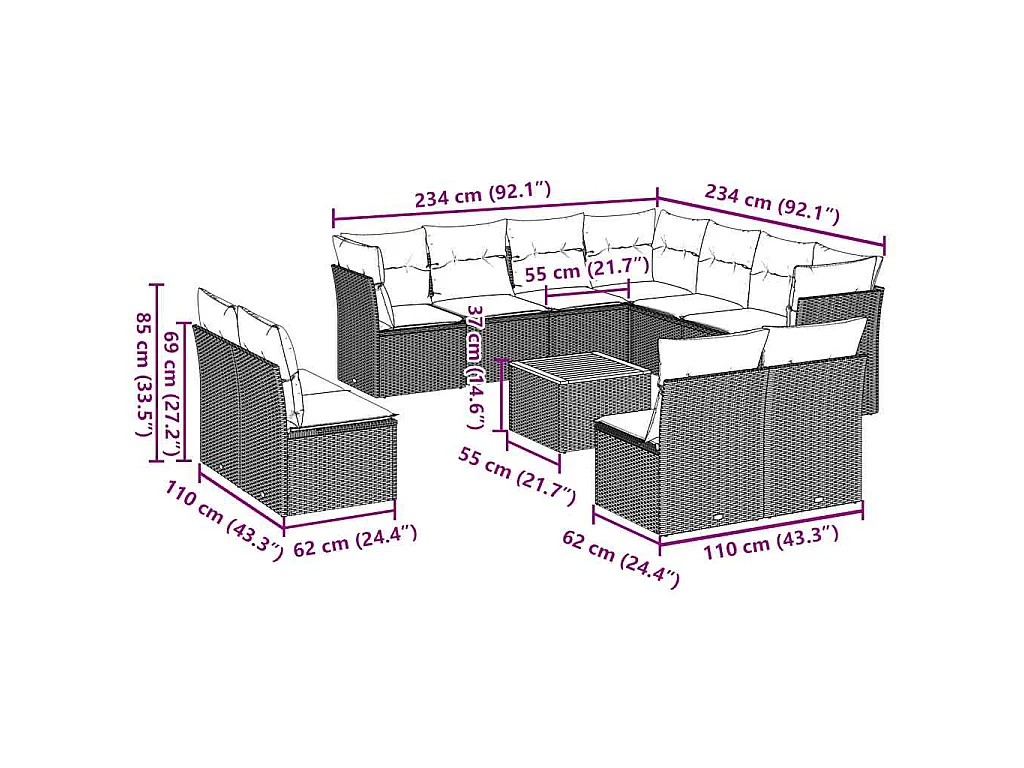 12-delige Loungeset met kussens poly rattan grijs