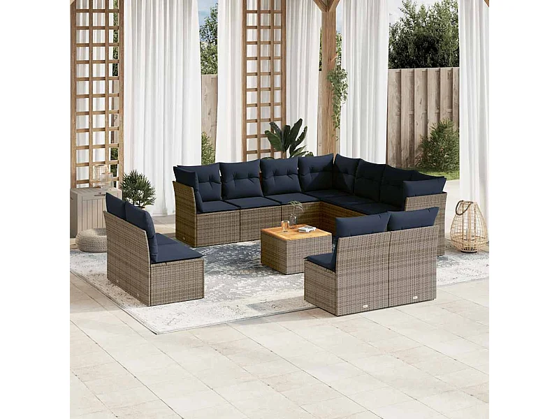 Salon de jardin avec coussins 12 pcs gris résine tressée