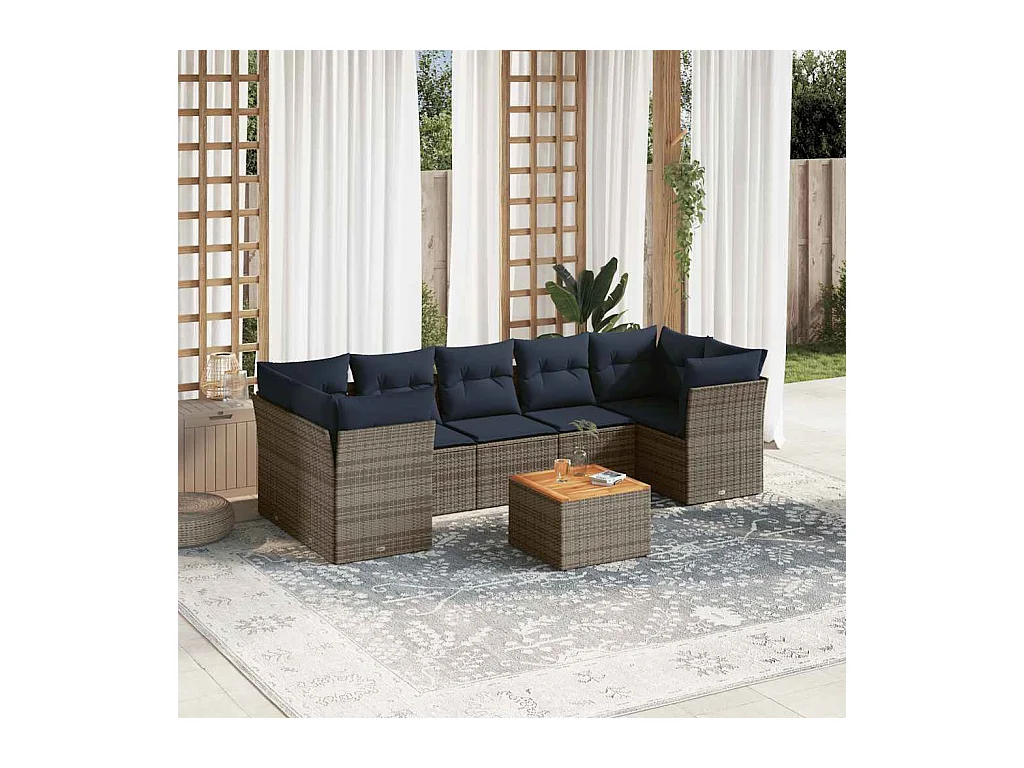 Salon de jardin 8 pcs avec coussins gris résine tressée
