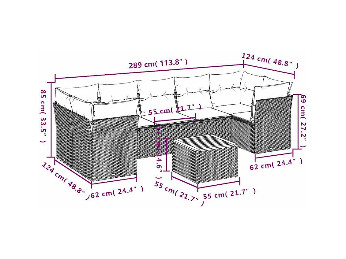 Salon de jardin 8 pcs avec coussins gris résine tressée