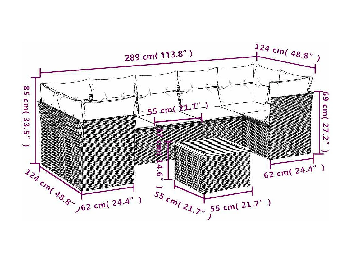 Salon de jardin 8 pcs avec coussins gris résine tressée