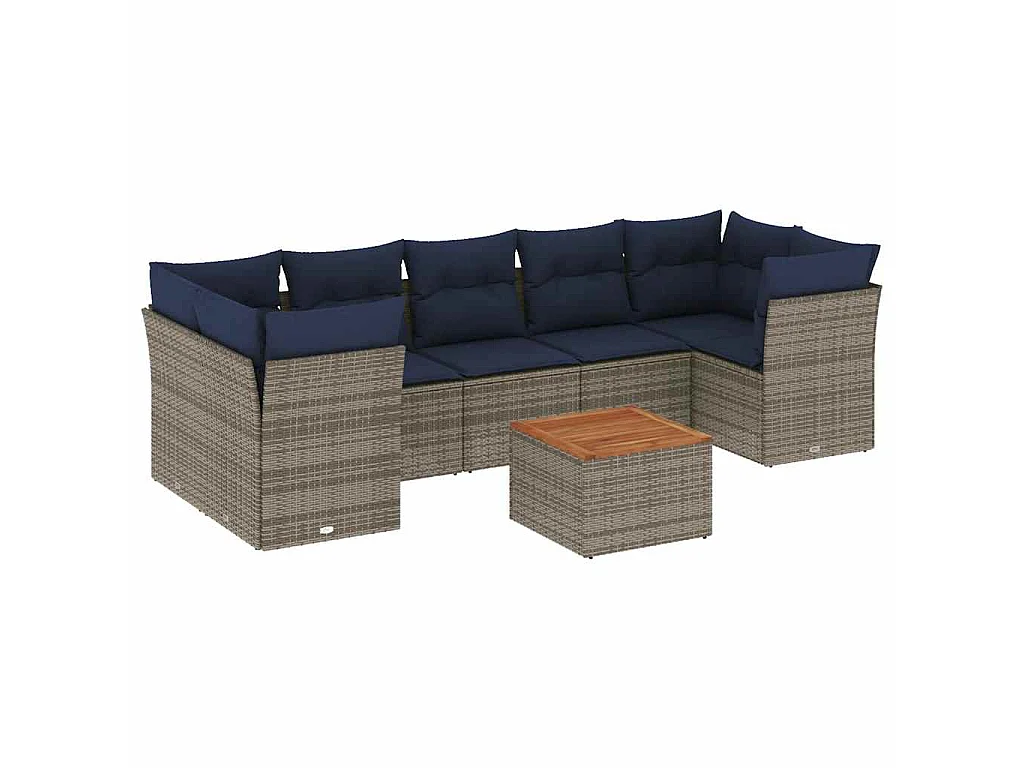 8 pcs conjunto sofás p/ jardim c/ almofadões vime PE cinzento
