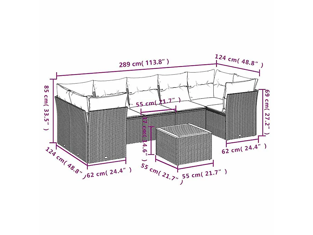 8 pcs conjunto sofás p/ jardim c/ almofadões vime PE cinzento